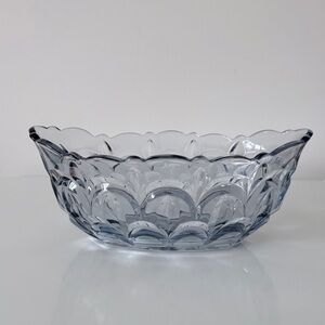 Depression Era Aqua Pressed Faceted Glass Bowl Scalloped Edge & Starburst Base